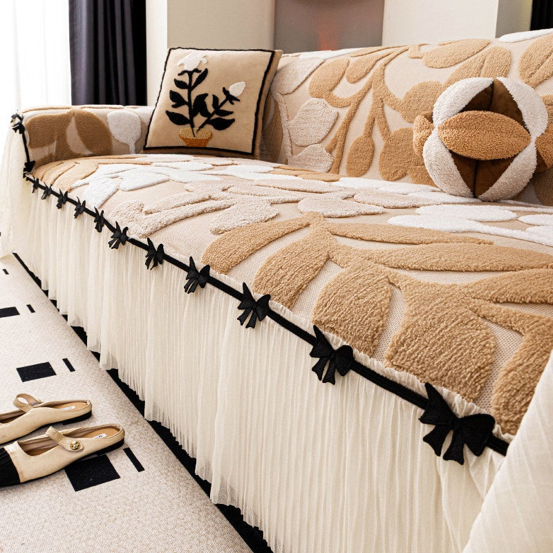 Luxury Botanical Plush Sofa Cover with Elegant Bow Skirt