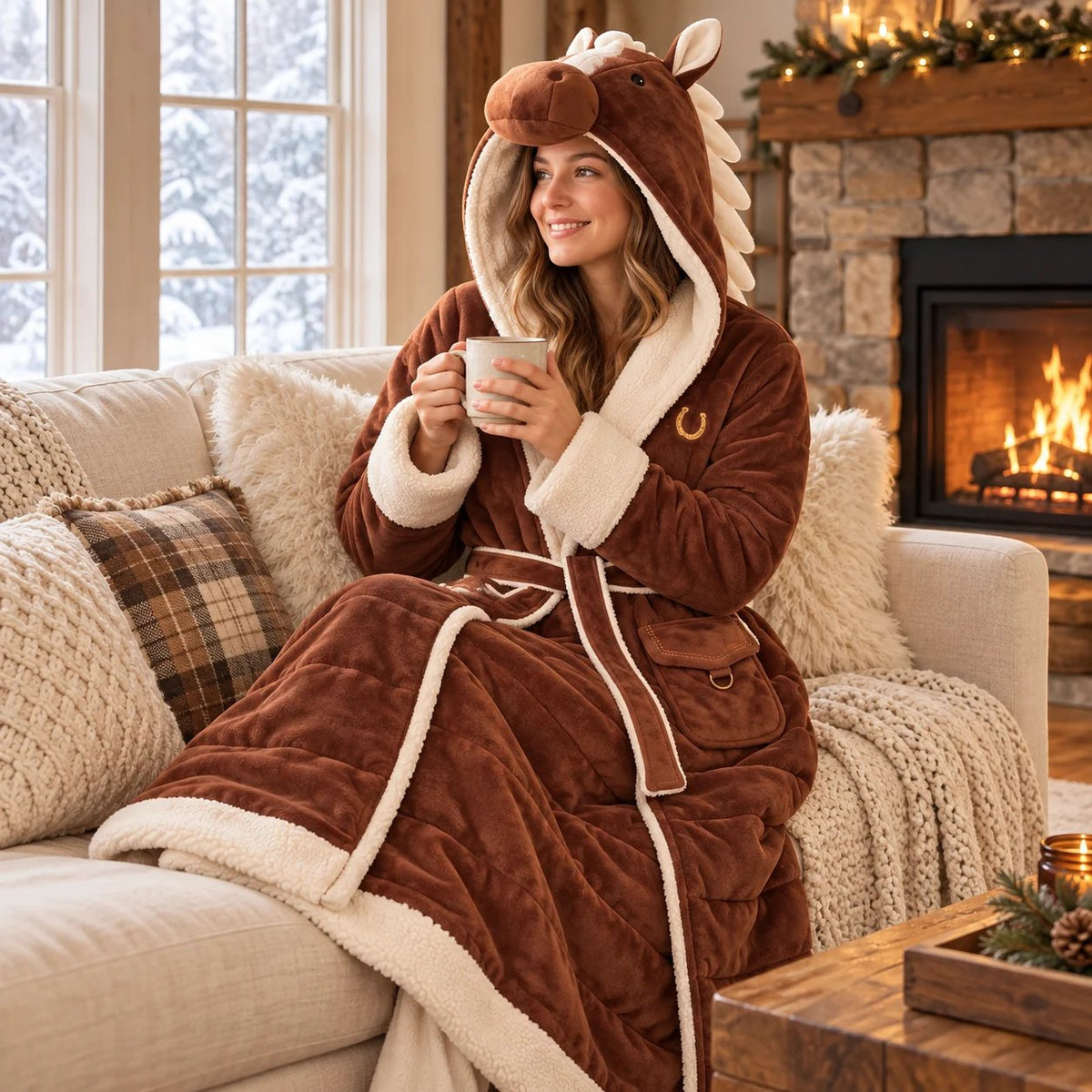 Horse Themed Full-Length Thermal Loungewear Robe