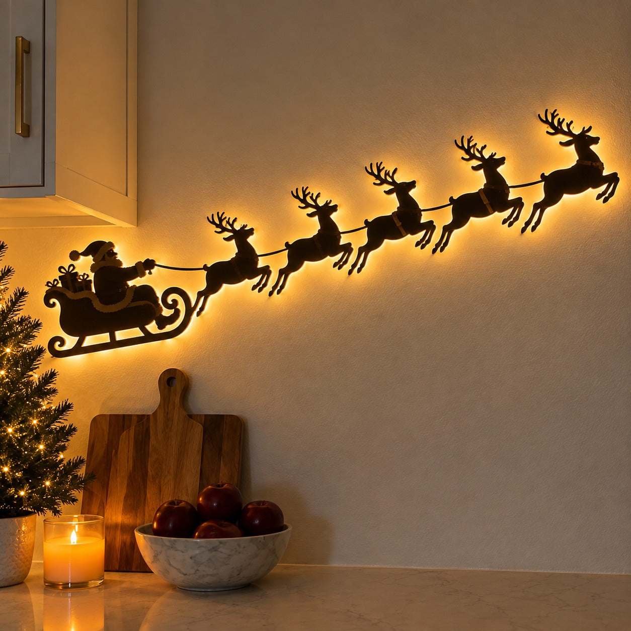LED illuminated wall decorations featuring Santa Claus and his reindeer