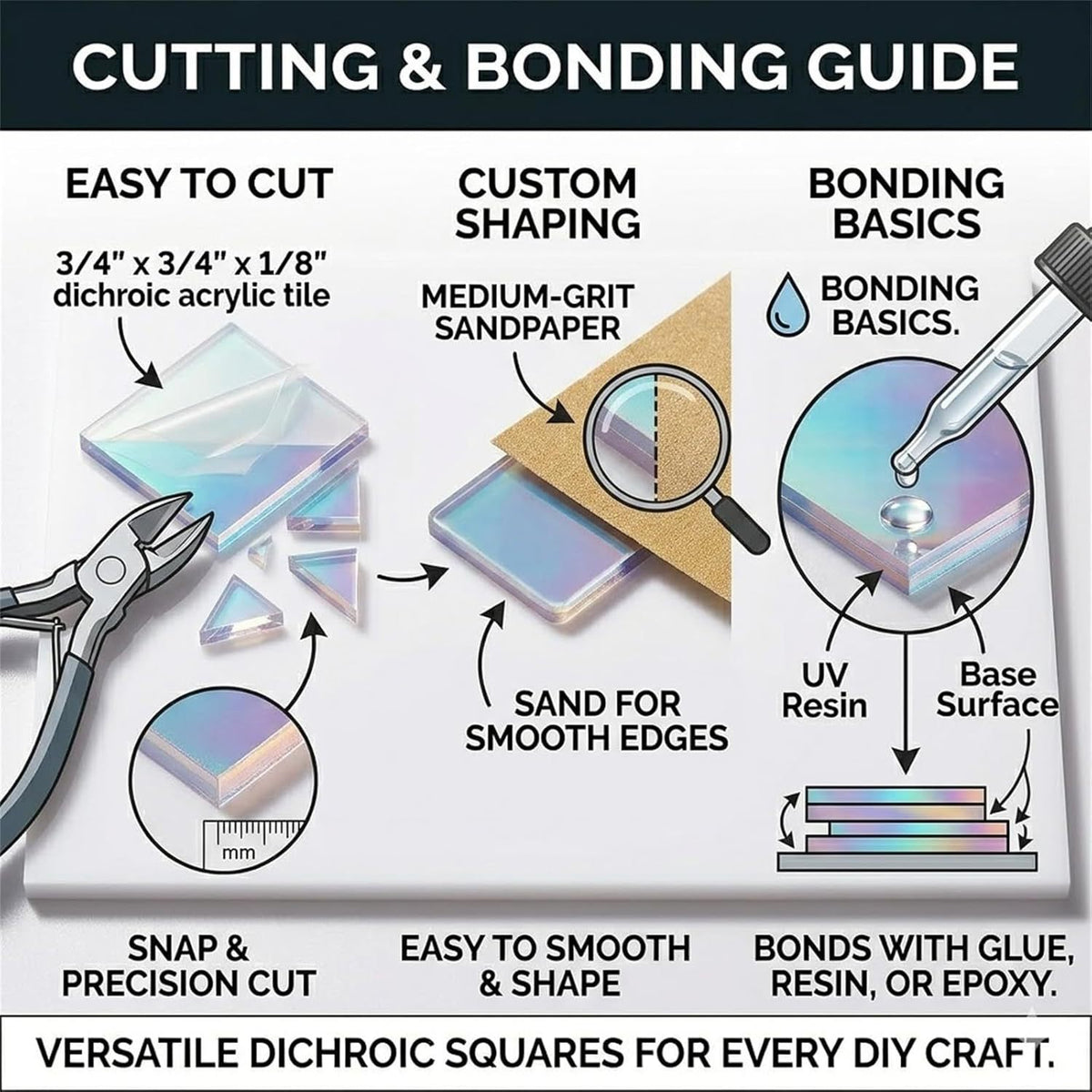 Cutting sanding and bonding holographic acrylic pieces for DIY projects