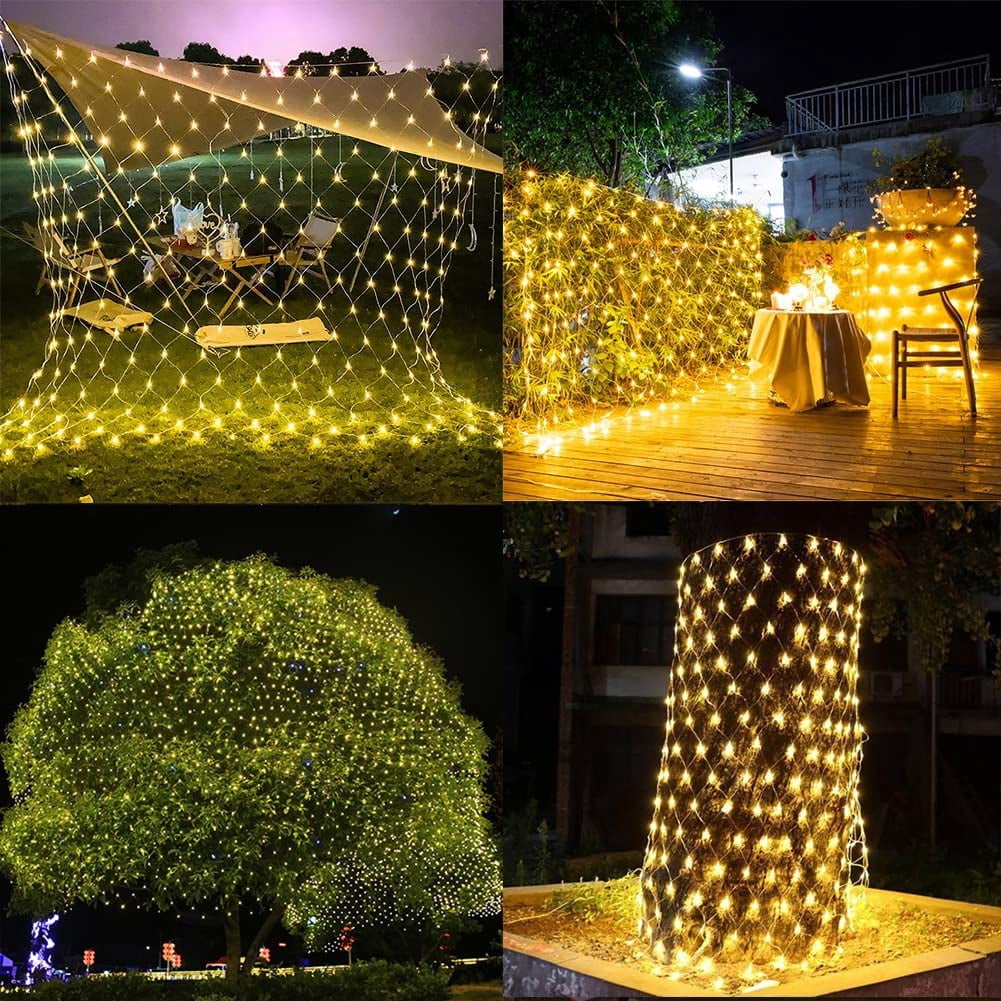 Warm net lights used on garden hedges, outdoor dining areas, and decorative structures
