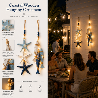 🐟🌊Lighted Coastal Wooden Starfish & Fish Hanging Decor