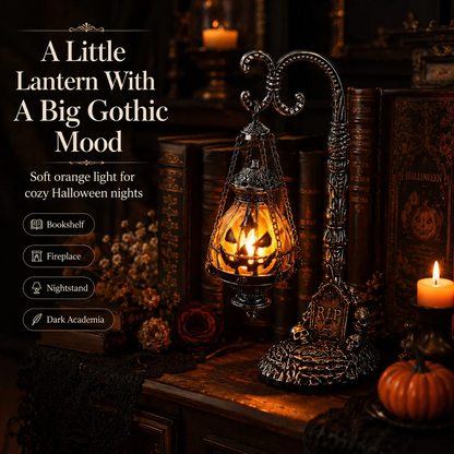 🔥Halloween Early Bird Sale🎃 Gothic Pumpkin Lantern Stand | Warm Orange LED Glow, Victorian Skull Details & Haunted Shelf Decor 🕯️