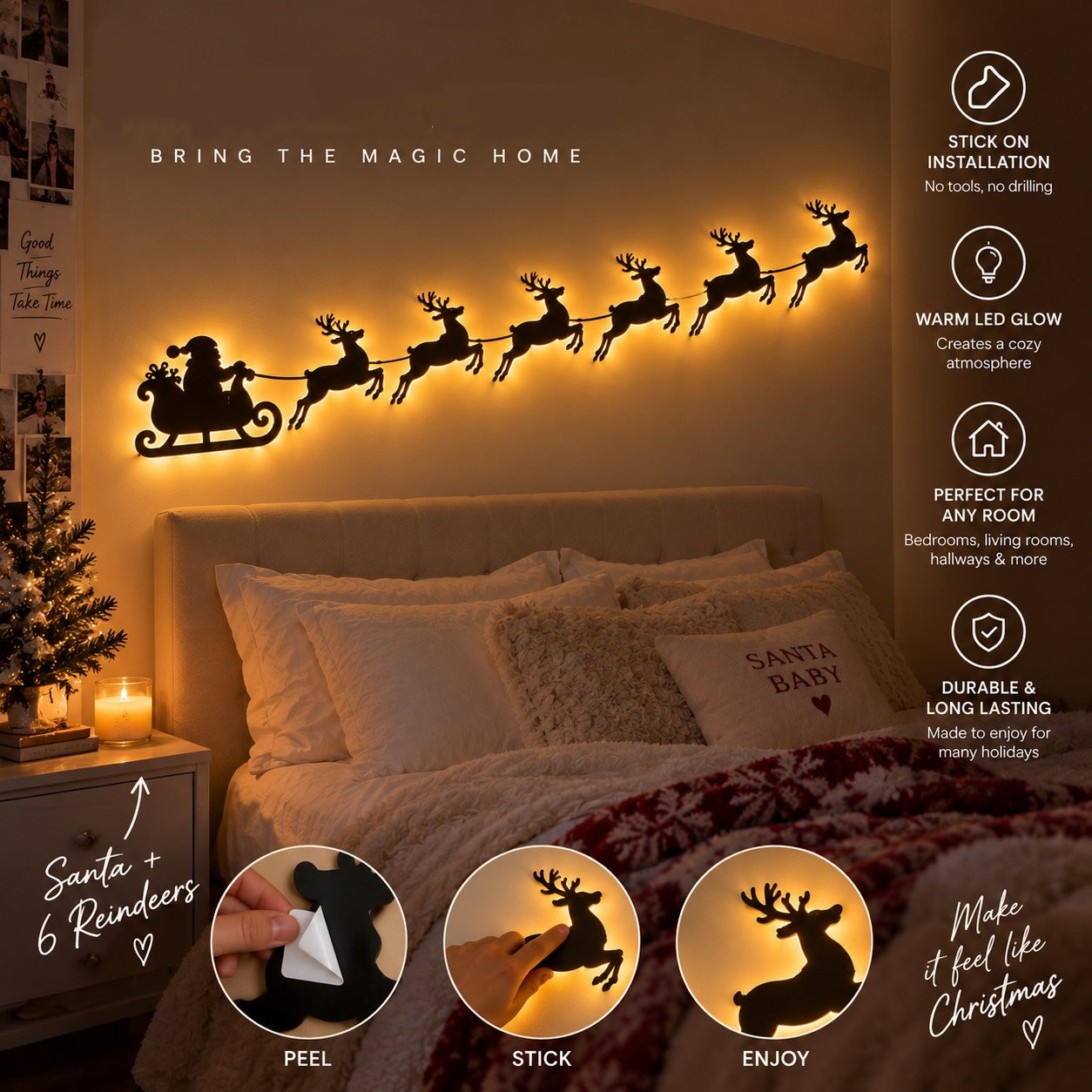 LED illuminated wall decorations featuring Santa Claus and his reindeer