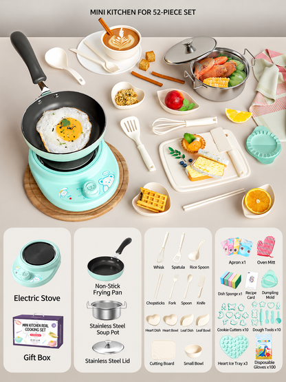 52-Piece Kids’ Mini Real-Cooking Kitchen Set with Electric Stove & Cookware