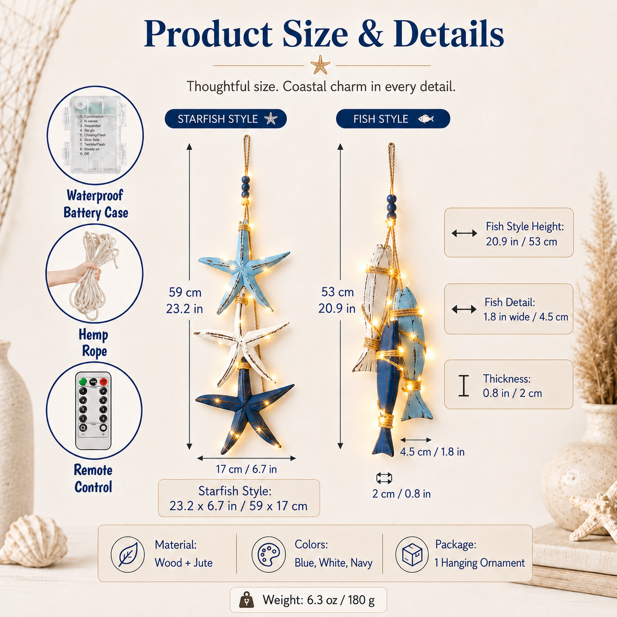 🐟🌊Lighted Coastal Wooden Starfish & Fish Hanging Decor