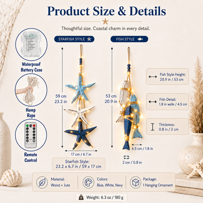 🐟🌊Lighted Coastal Wooden Starfish & Fish Hanging Decor