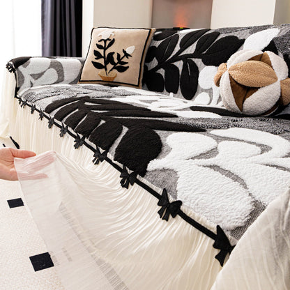 Luxury Botanical Plush Sofa Cover with Elegant Bow Skirt
