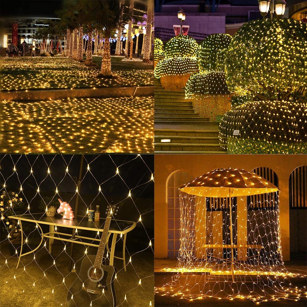 LED net lights decorating garden paths, bushes, and an outdoor gazebo