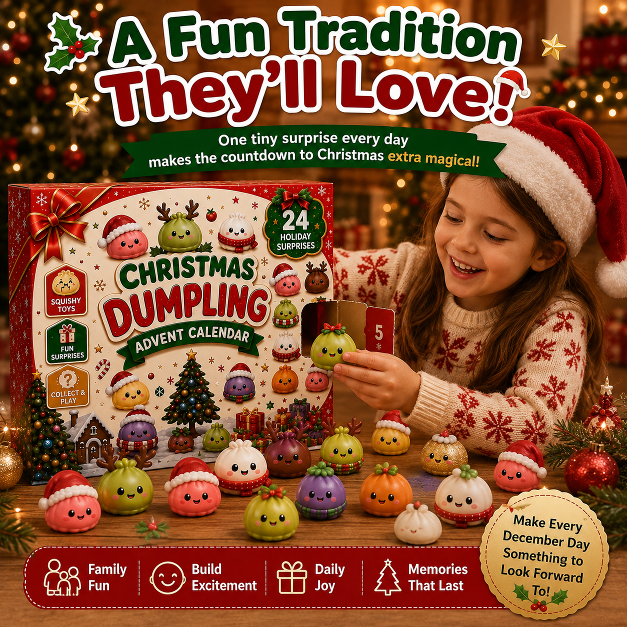 🎄 24-Day Christmas Dumpling Squishy Advent Calendar – 24 Mini Surprise Toys