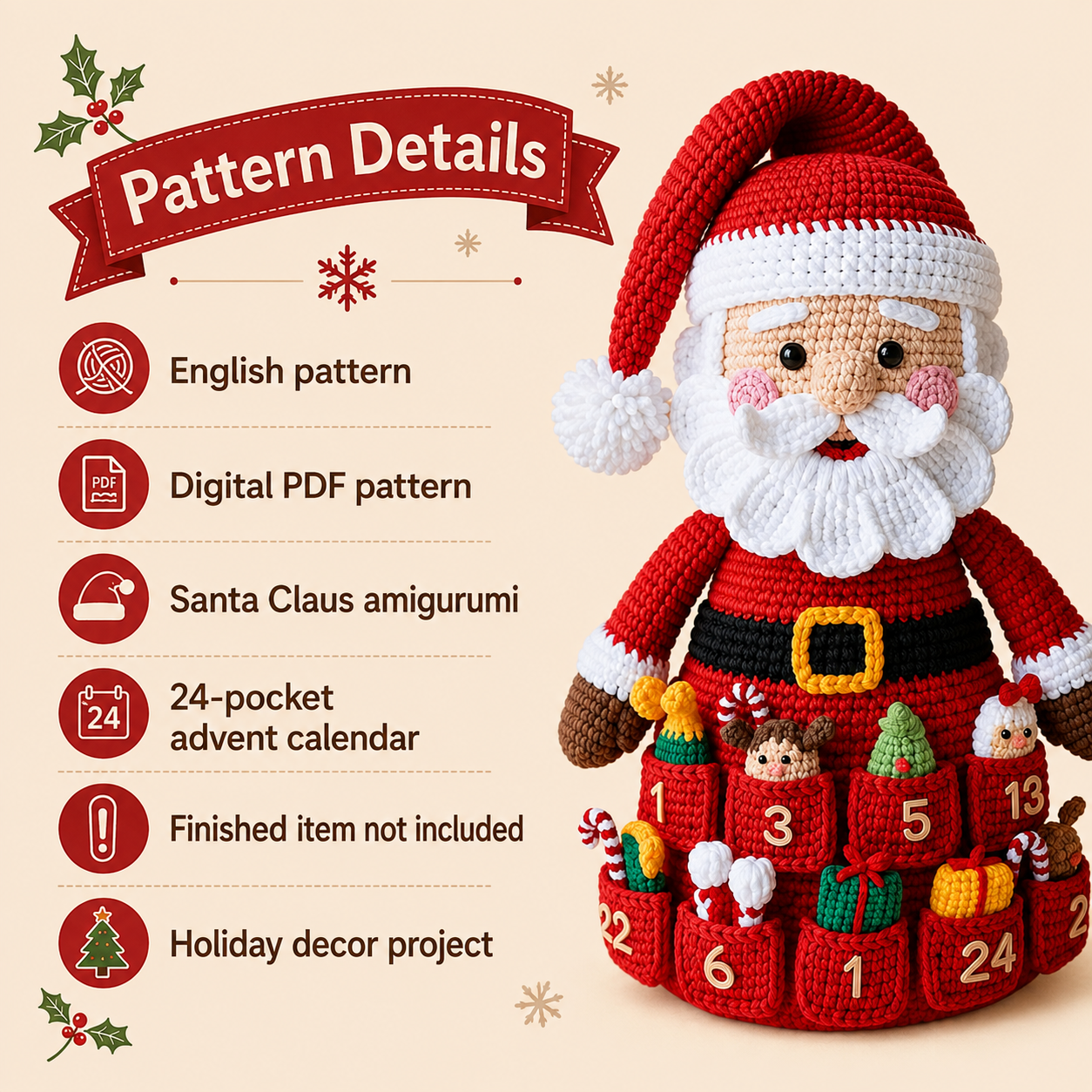 Santa Advent Calendar Crochet Pattern PDF, Christmas Countdown Crochet, Santa Claus Amigurumi, 24 Pocket Advent Calendar, Holiday Decor