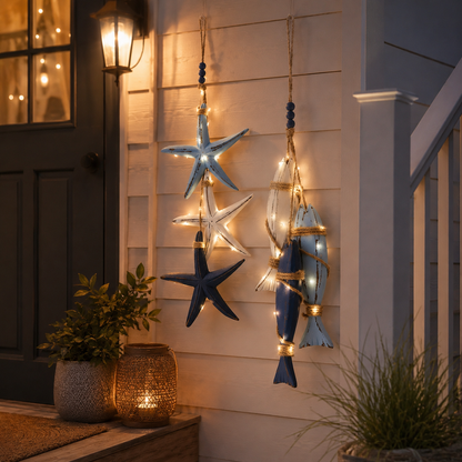 🐟🌊Lighted Coastal Wooden Starfish & Fish Hanging Decor