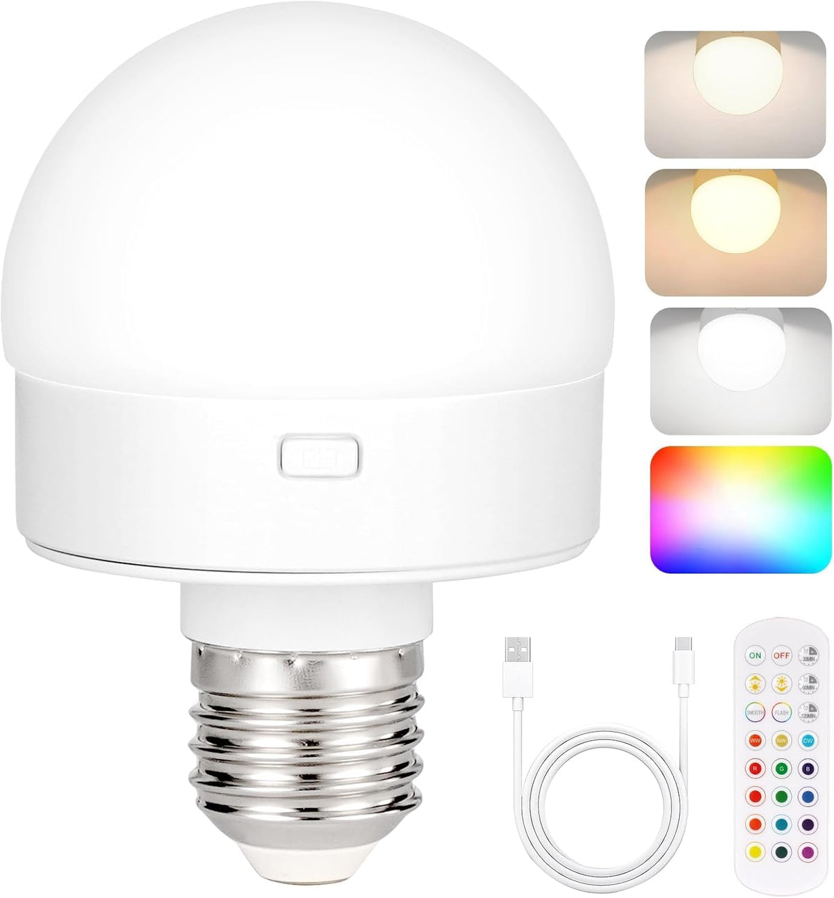 Rechargeable Light Bulbs with Remote Control, Battery Operated Light Bulb for Sconce and Lamp, 3 Color Temperature Dimmable E26 Wireless Detachable LED Charging Bulb