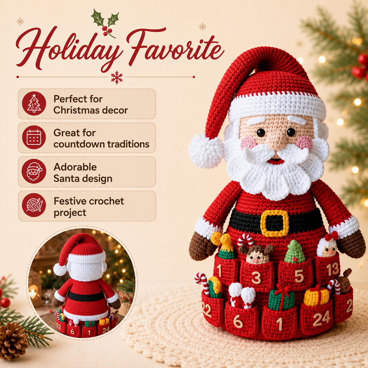 Santa Advent Calendar Crochet Pattern PDF, Christmas Countdown Crochet, Santa Claus Amigurumi, 24 Pocket Advent Calendar, Holiday Decor