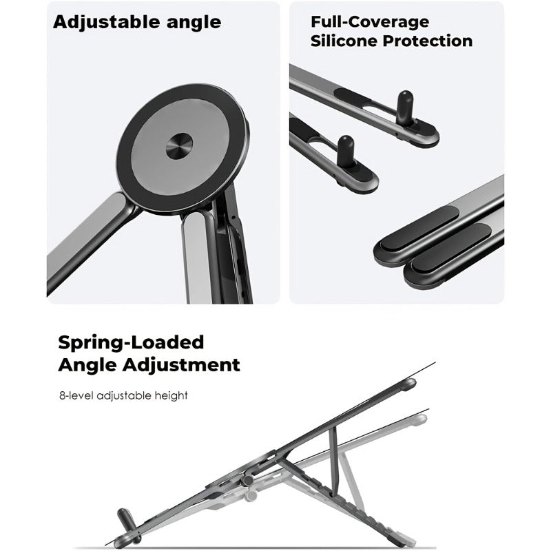 3-in-1 Magnetic Phone Stand | Foldable Aluminum Desktop Holder for Phone, Tablet &amp; Laptop | 8-Level Adjustable Angle | Strong Magnetic Mount