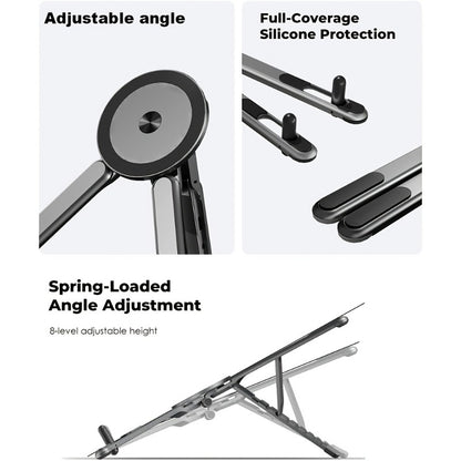 3-in-1 Magnetic Phone Stand | Foldable Aluminum Desktop Holder for Phone, Tablet &amp; Laptop | 8-Level Adjustable Angle | Strong Magnetic Mount