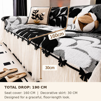 Luxury Botanical Plush Sofa Cover with Elegant Bow Skirt