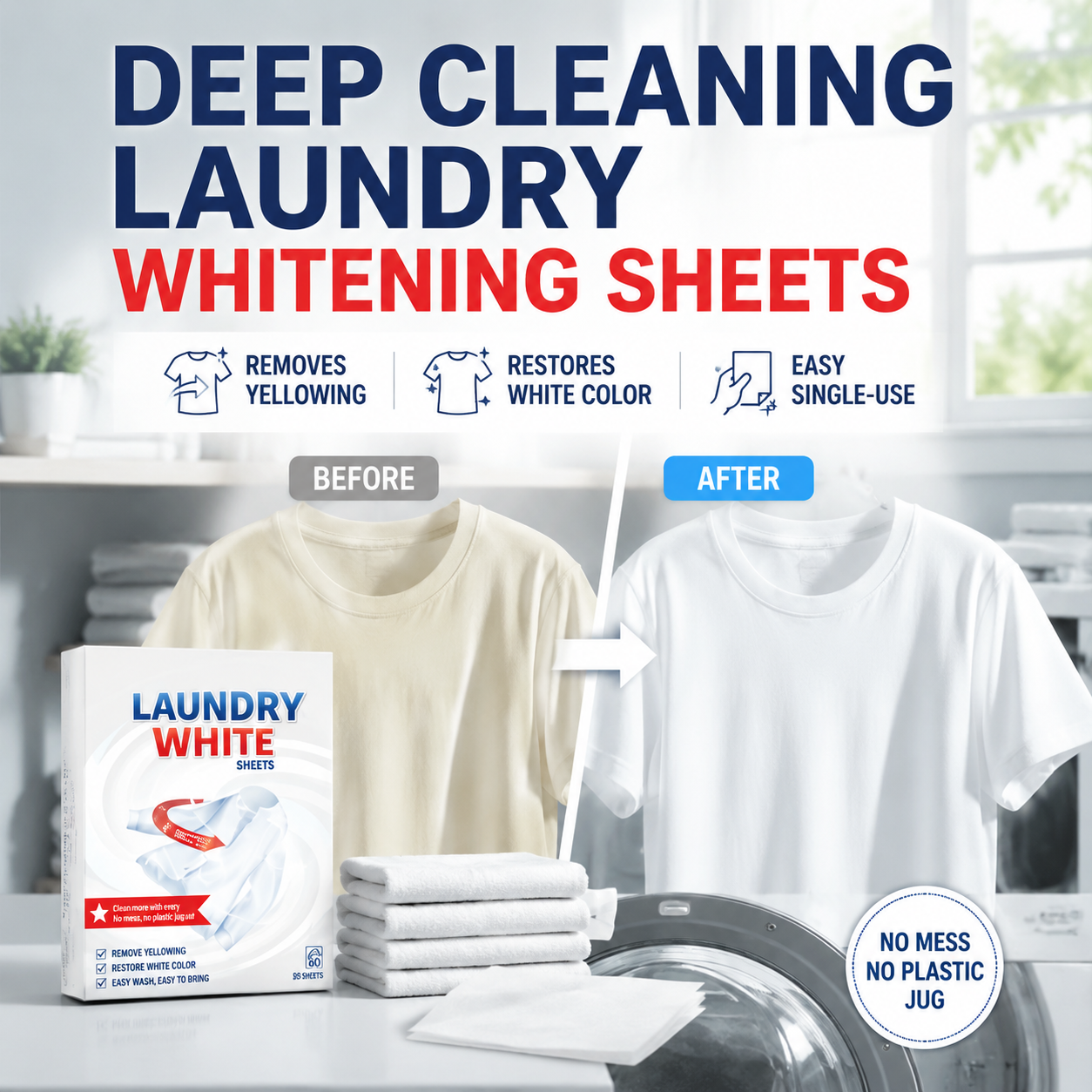 🤍 Laundry Whitening Sheets for White Clothes – Deep Stain & Yellowing Remover, Easy Toss-and-Wash Laundry Booster ✨