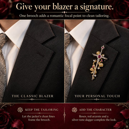 🥀 Gothic Rose & Dagger Brooch | Sculpted Golden Roses • Silver-Tone Blade • Ruby-Red Accents 🗡️