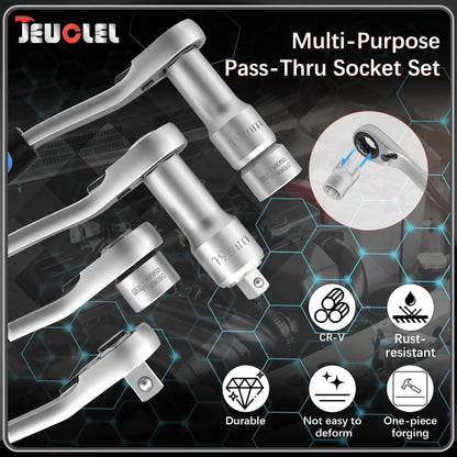 🔧 17-Piece Pass-Through Socket Set – Chrome Vanadium Steel Ratchet Kit for Long Bolts & Tight Spaces ⚙️