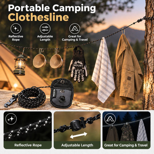 🏕️Portable Reflective Camping Clothesline with Positioning Beads – No Hangers Needed