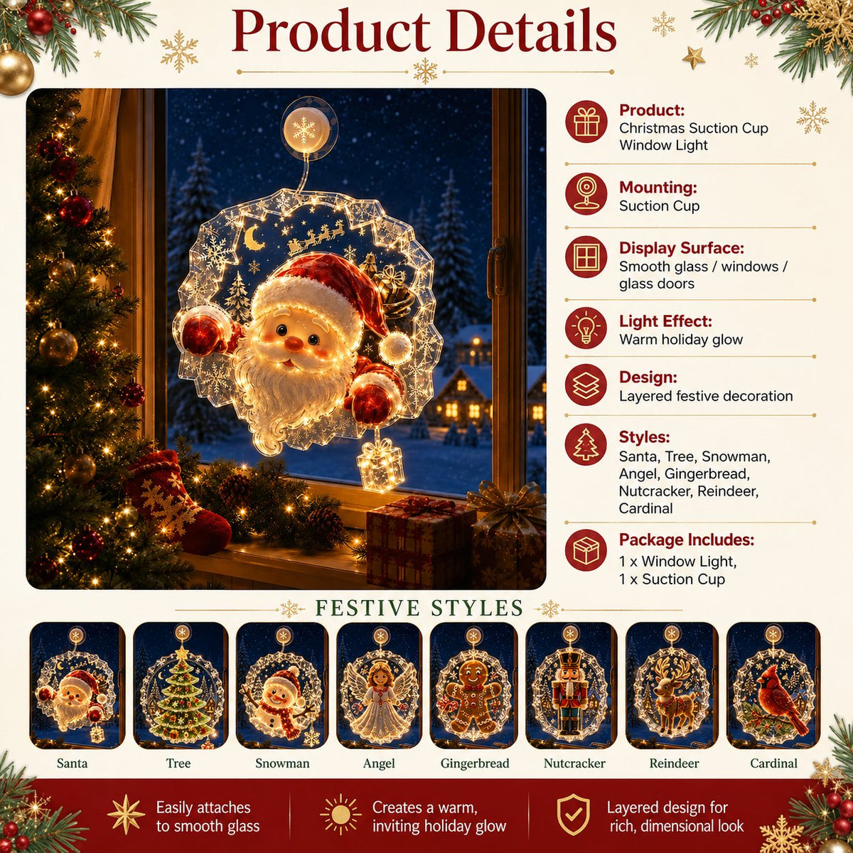 ⏳ Last Day 49% OFF – 🎄Lighted Christmas Window Decoration with Suction Cup | Warm LED Window Light with Double-Layer Design & Multiple Festive Styles ✨