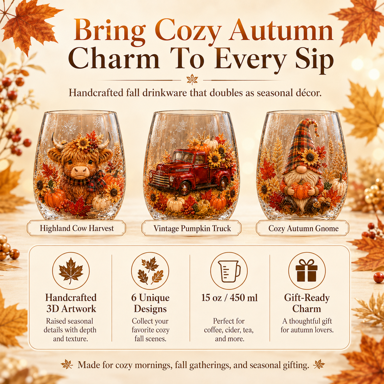 🍂Autumn Harvest 2D Glass Cup Gift Set – 6 Festive Designs
