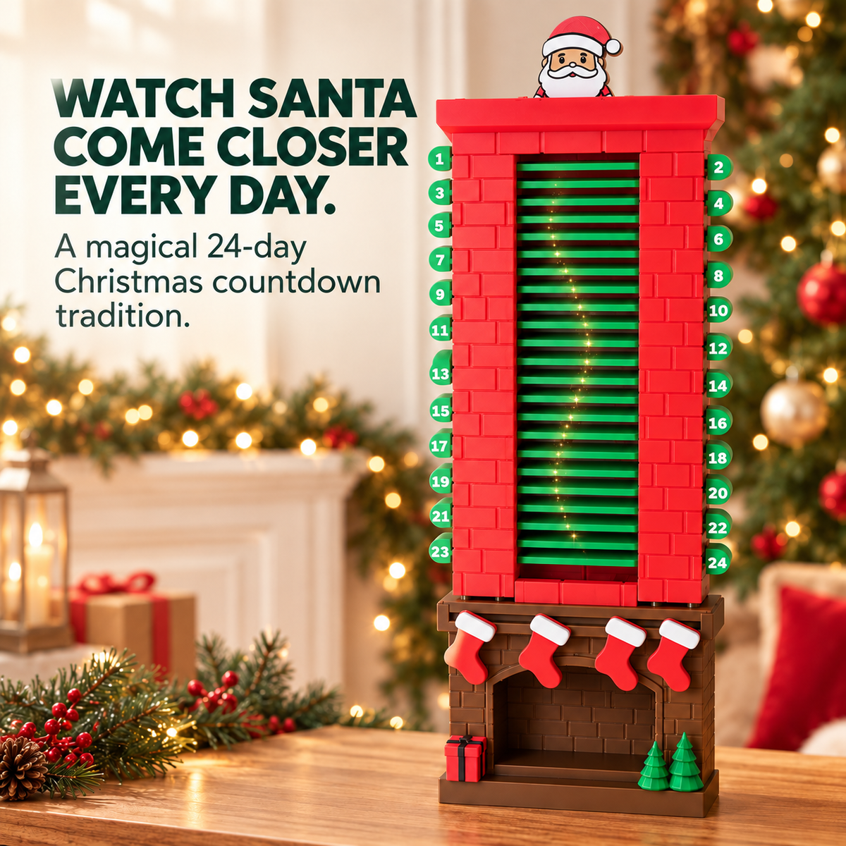 ❄️24-Day Santa Chimney Christmas Countdown Calendar – Interactive Reusable Holiday Decor