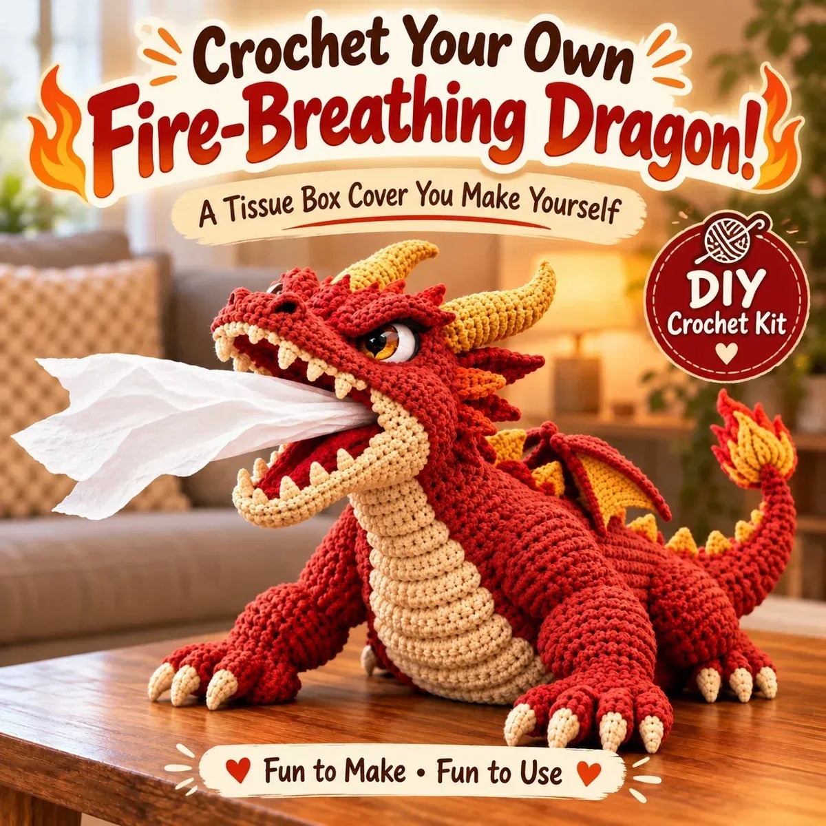 🐉 Fantasy Crochet Tissue Box Cover DIY Kit | Dragon or Lava Turtle Design with Functional Tissue Dispenser 🧶
