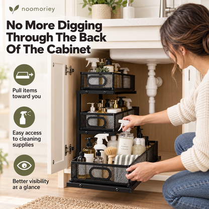 🧺 3-Tier Pull-Out Under-Sink Organizer – Metal Mesh Cabinet Storage
