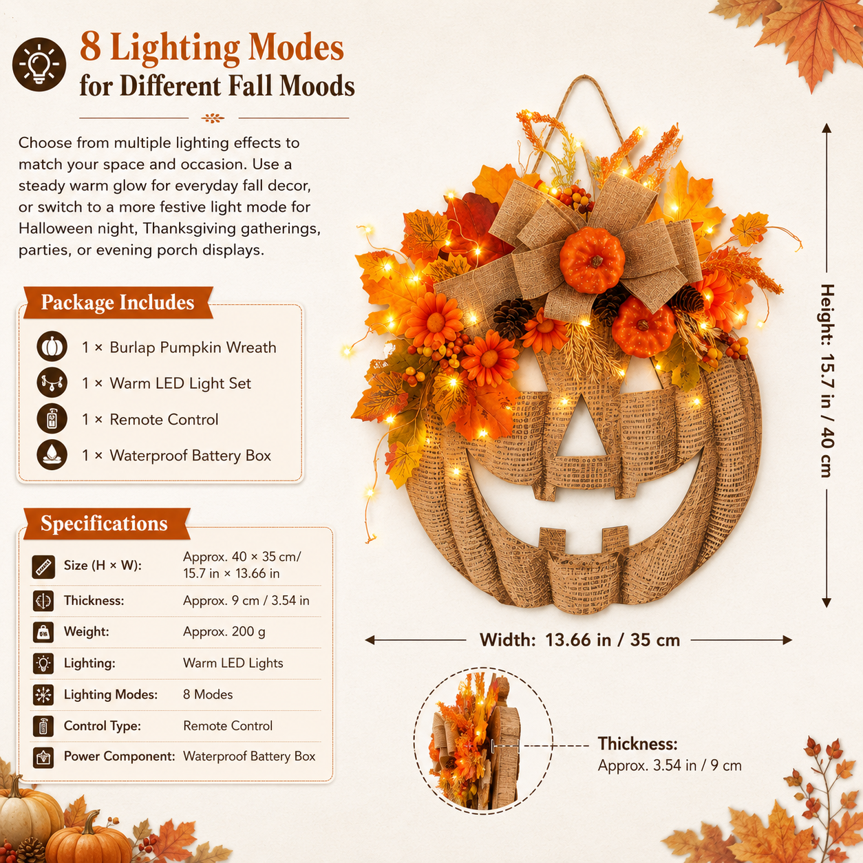 🎃✨ Lighted Burlap Pumpkin Wreath