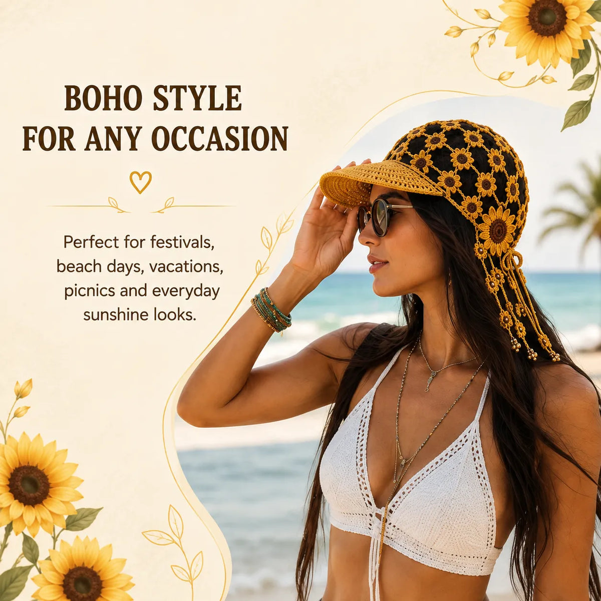 Handcrafted Floral Crochet Baseball Cap | Hollow-Out Knit Boho Hat with Hanging Tassels