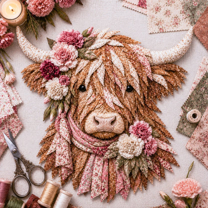 🐮Birth Flower Highland Cow 3D Layered Fabric Art DIY Kit (Beginner-friendly
