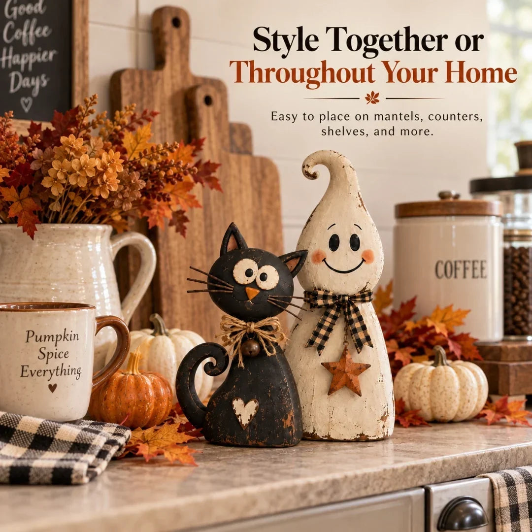🐈‍⬛ Ghost & Black Cat Halloween Figurines – Vintage-Inspired Decor