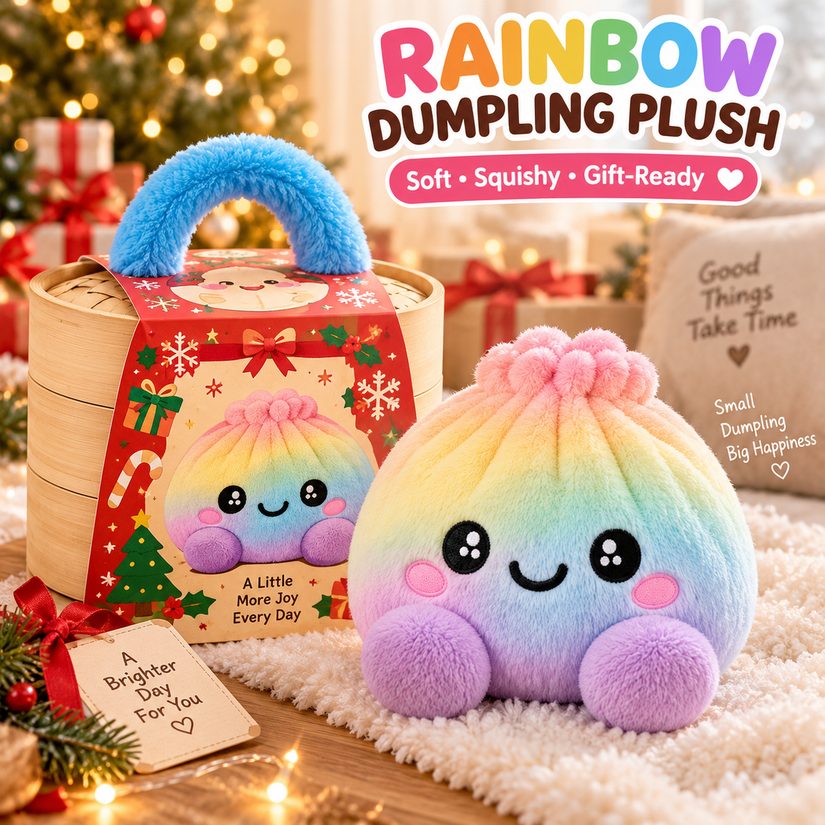 🔥 50% OFF | 🌈🥟 Rainbow Dumpling Plush Squishies – Adorable Steamer Set