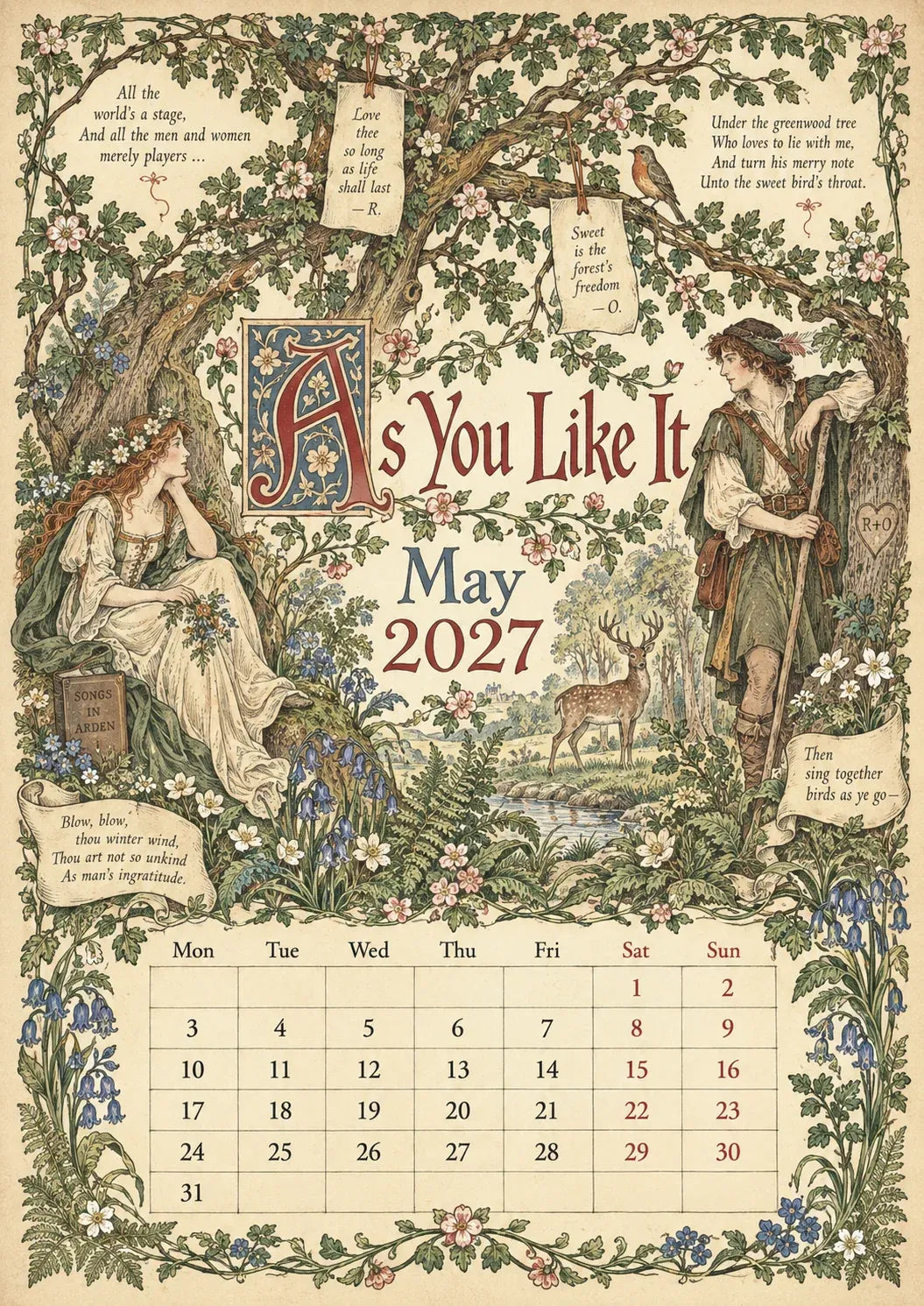 A Shakespearean Year 2027 – 12 Plays Through the Seasons | Vintage Illustrated Wall Calendar