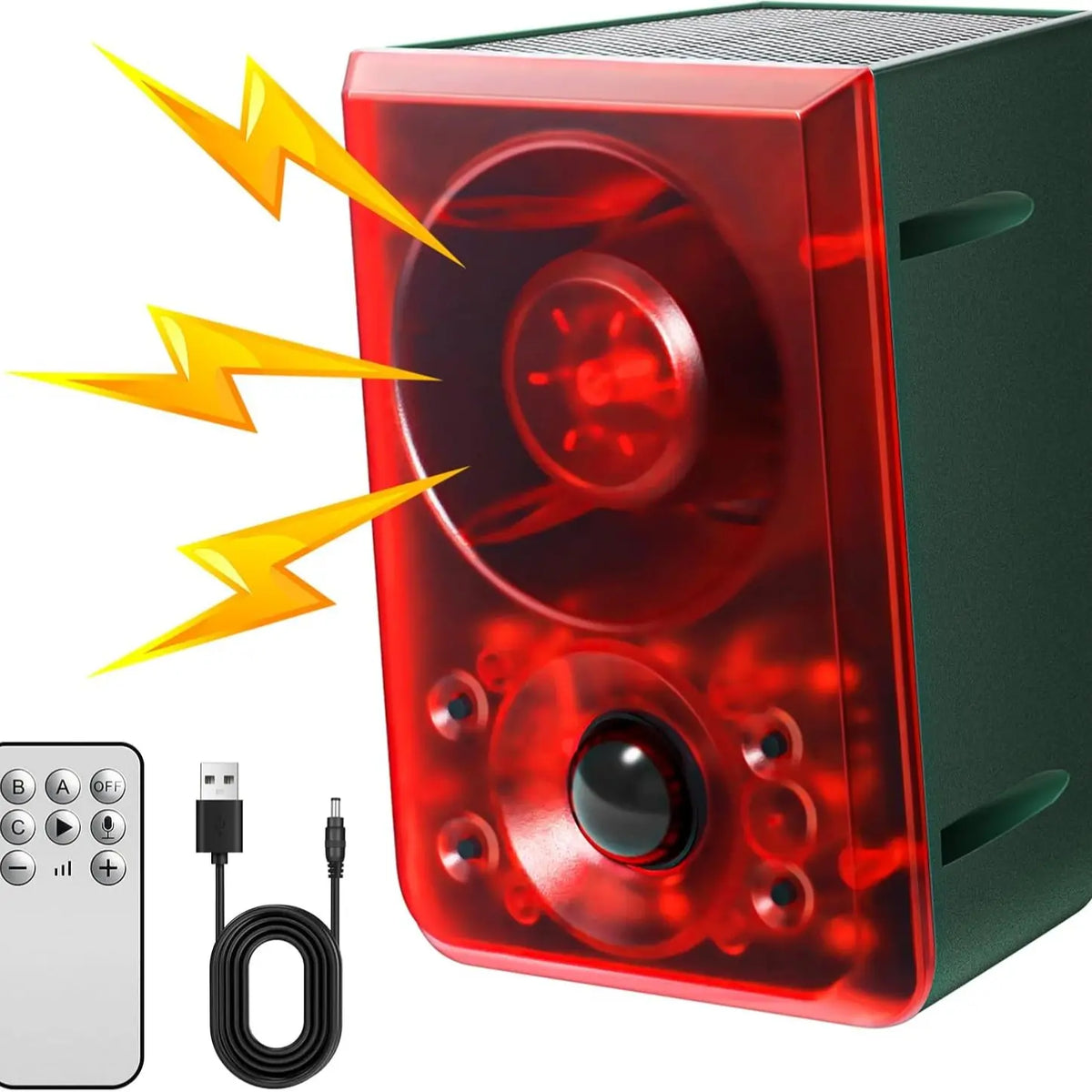 Solar Outdoor Motion Sensor Alarm - Dog Barking & Gunshot Sound, Support Recording and Volume Adjustment, 130dB Noise with Flashing Light to Deter Raccoon, Deer, Skunk, Bear, Coyote