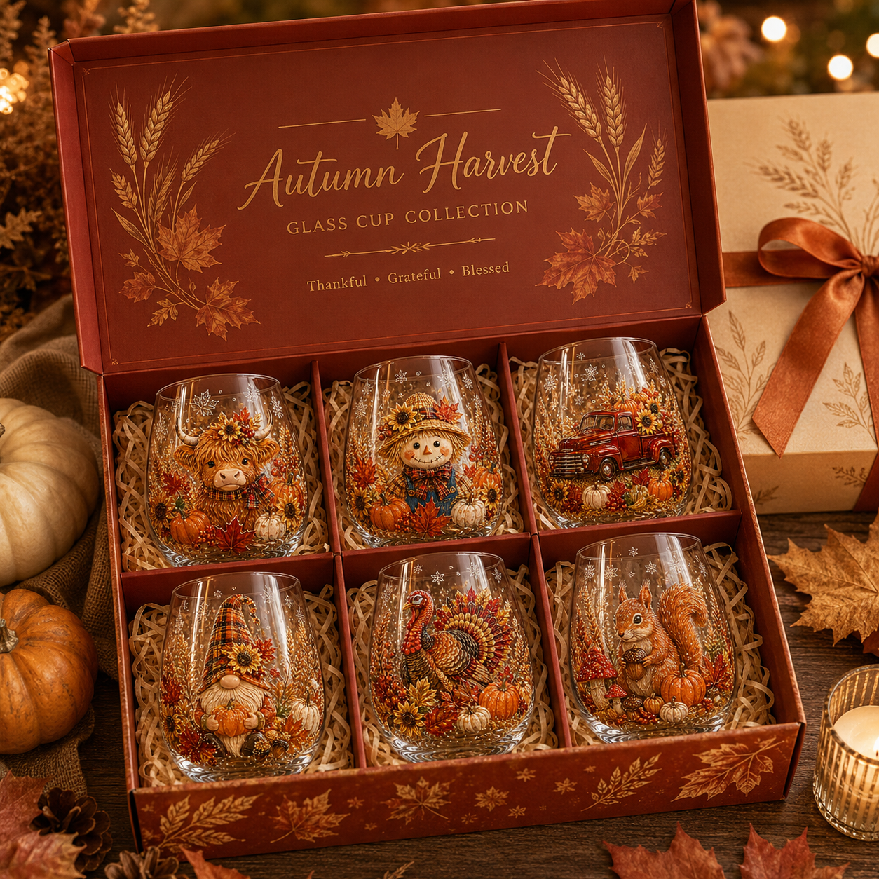 🍂Autumn Harvest 2D Glass Cup Gift Set – 6 Festive Designs