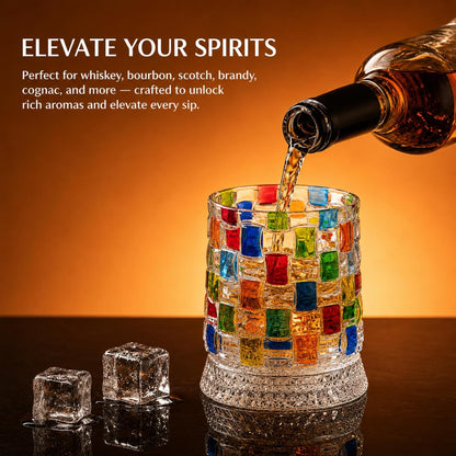 Spinning Whiskey Glasses, Vintage Colored Crystal Whiskey Glass, Hand-Painted Old Fashioned Tumbler for Bourbon, Scotch, Cocktails, Decorative Drinking Glass for Home Bar