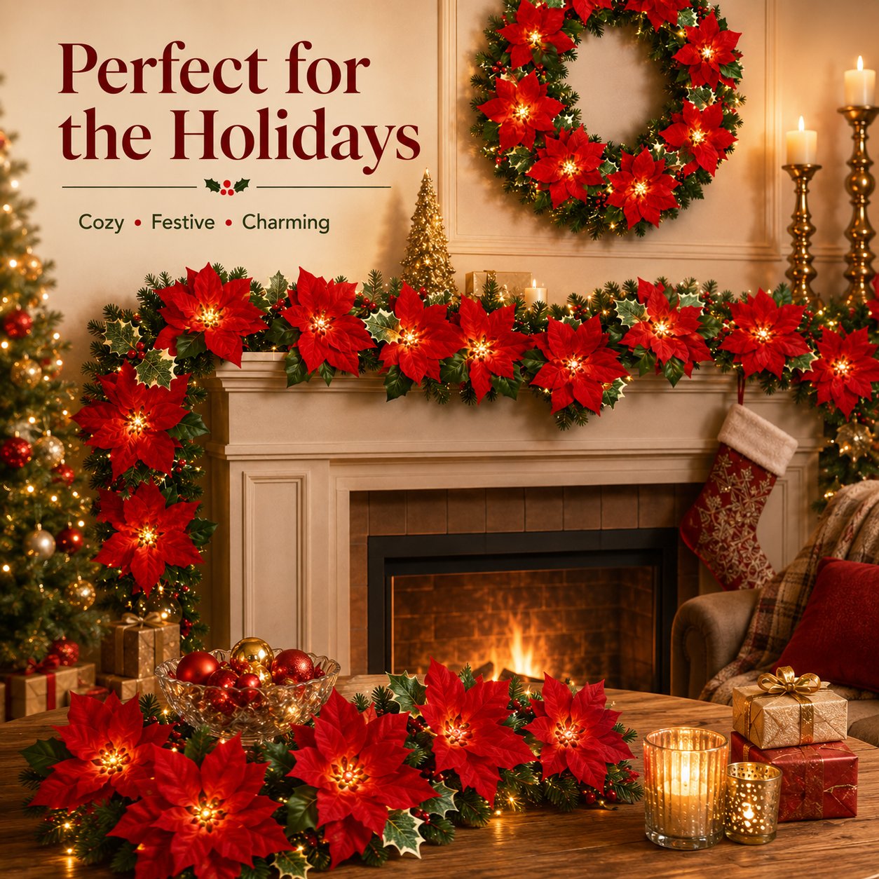 🎄 Christmas Poinsettia LED Garland String Lights