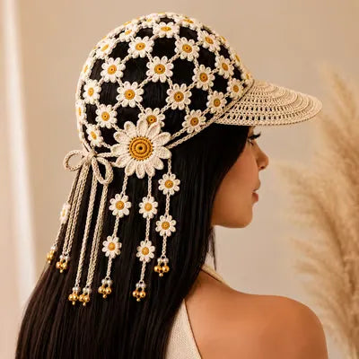 Handcrafted Floral Crochet Baseball Cap | Hollow-Out Knit Boho Hat with Hanging Tassels