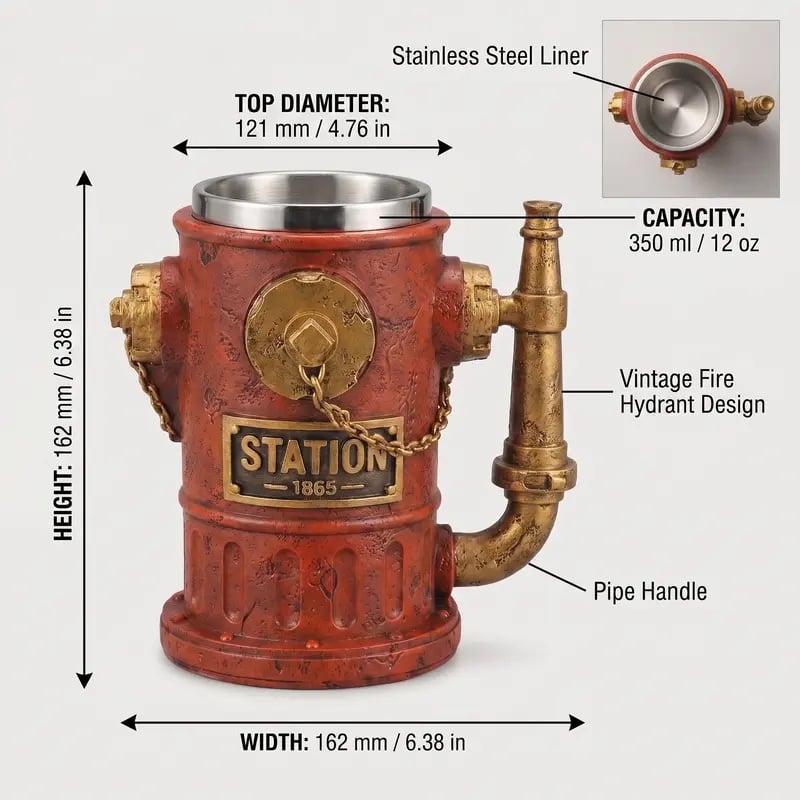 ⏳ Last Day 49% OFF – 🚒 Vintage Fire Hydrant Coffee Mug | Unique Firehouse-Inspired Design With Stainless Steel Liner & Pipe Handle For Firefighters, Collectors & Coffee Lovers ☕