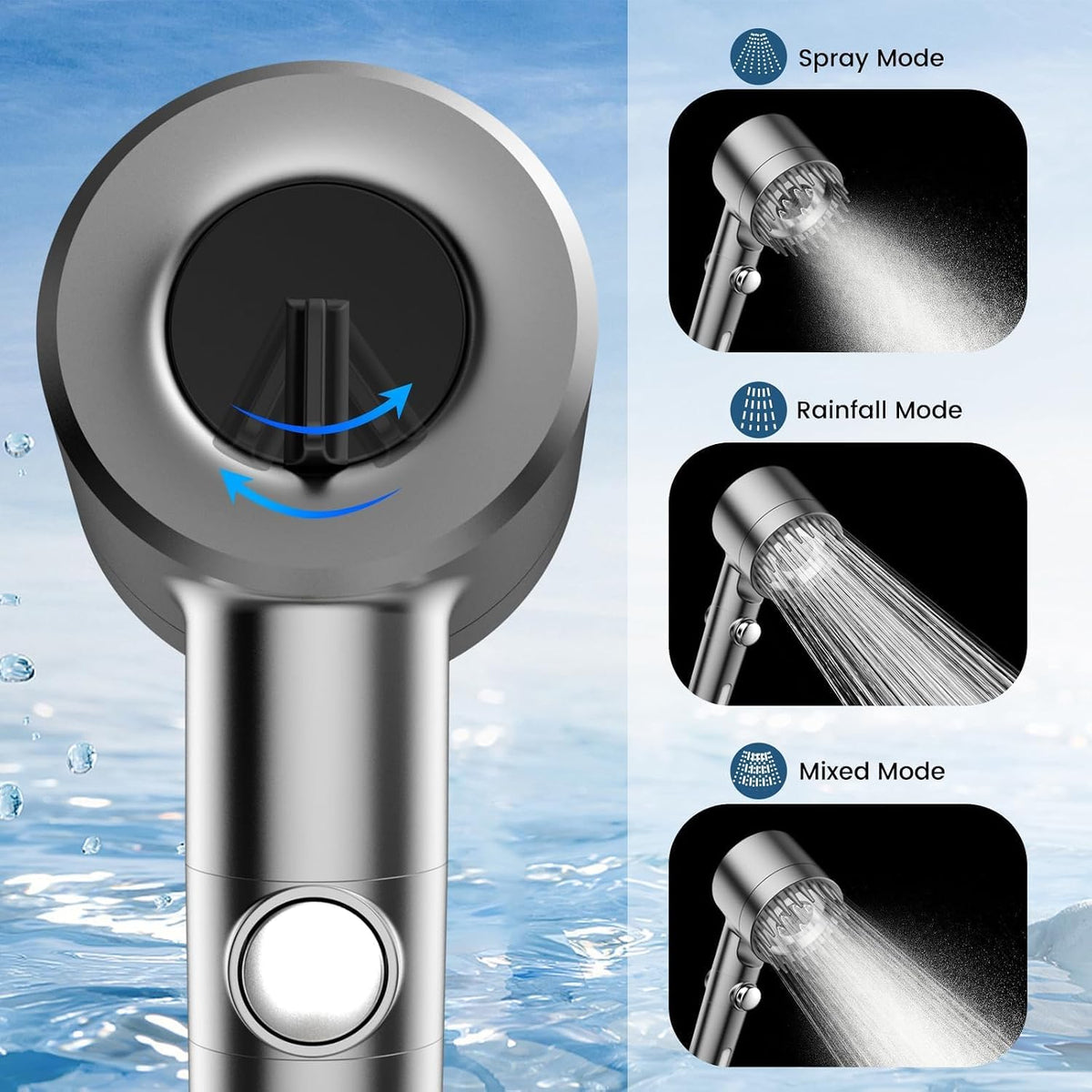Silver Filtered Handheld Shower Head with ON/OFF Switch, Multi-Mode