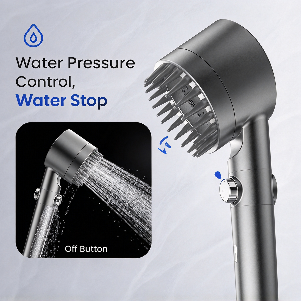 Silver Filtered Handheld Shower Head with ON/OFF Switch, Multi-Mode