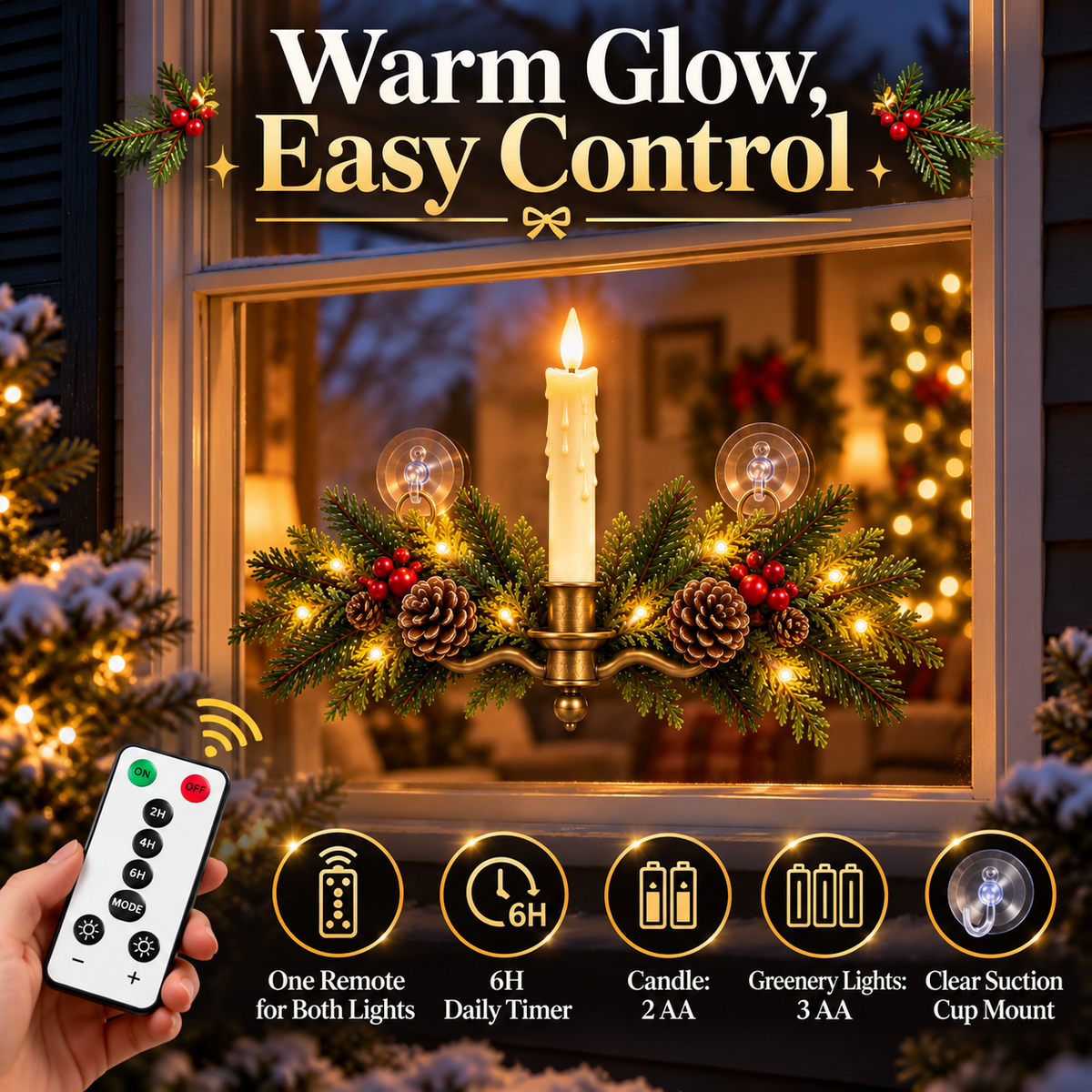🕯️🌲 Evergreen Window Glow™ | Remote-Controlled Christmas Candle Swag