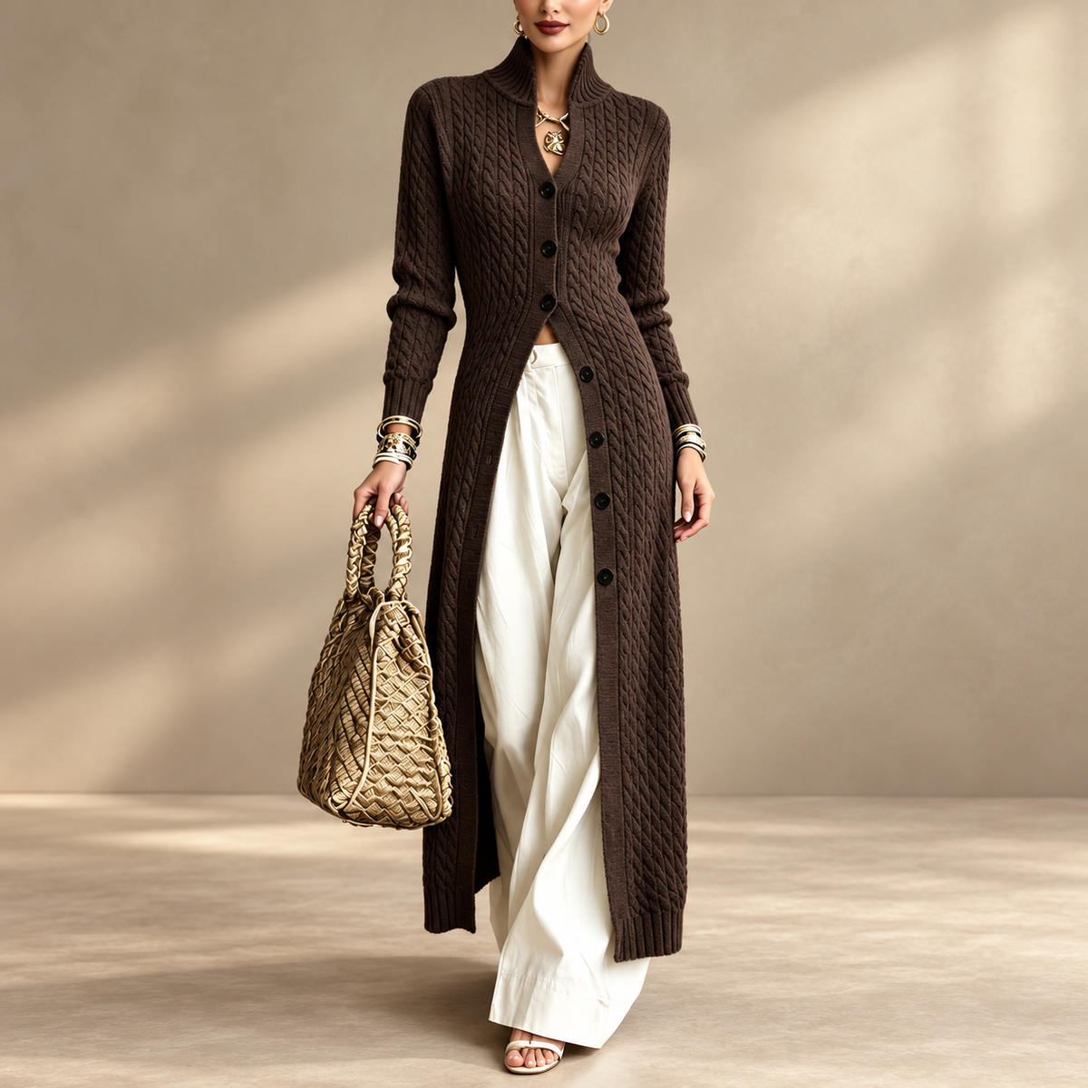 Women’s Long Cable Knit Cardigan, Elegant Full-Length Knitwear