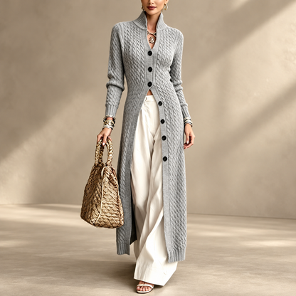 Women’s Long Cable Knit Cardigan, Elegant Full-Length Knitwear