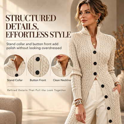 Women’s Long Cable Knit Cardigan, Elegant Full-Length Knitwear