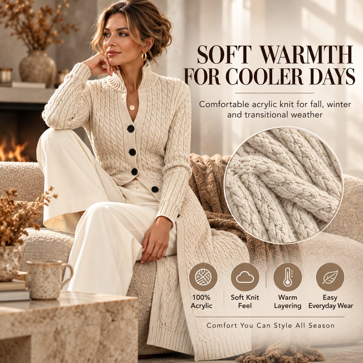 Women’s Long Cable Knit Cardigan, Elegant Full-Length Knitwear