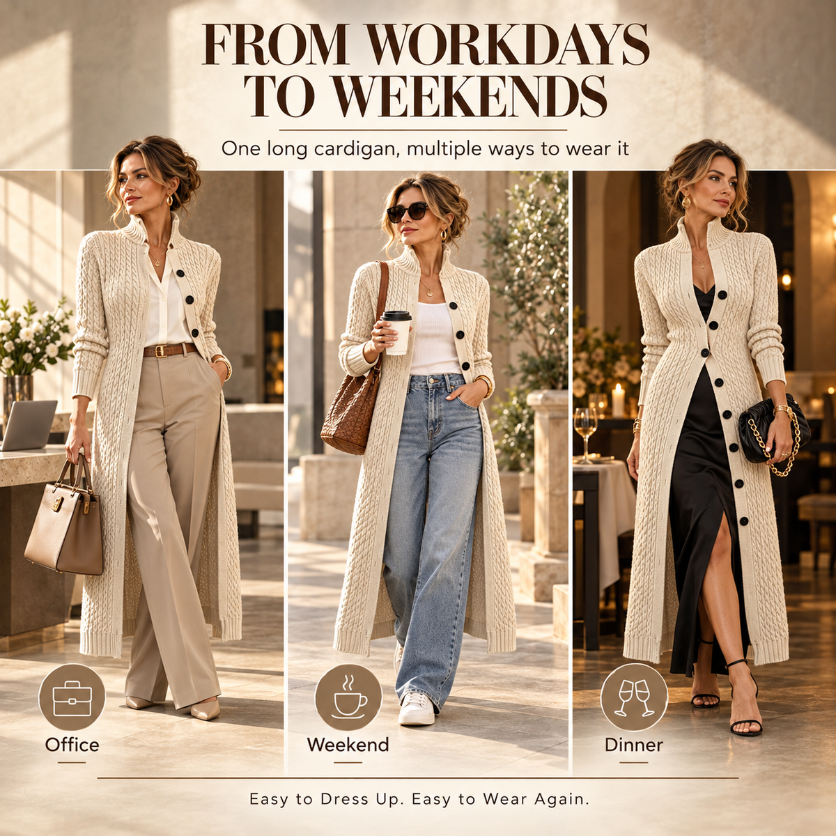 Women’s Long Cable Knit Cardigan, Elegant Full-Length Knitwear